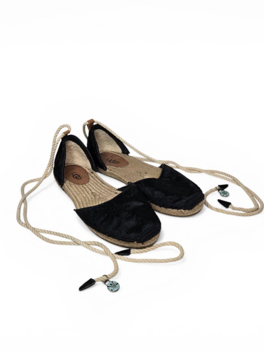 UGG‎ Libbi Calf Hair Espadrille Sandals Women Black Spanish Ankle Wrap Summer 7